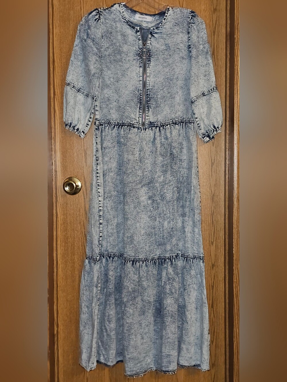 Acid Wash Denim Maxi Dress with Front Zip